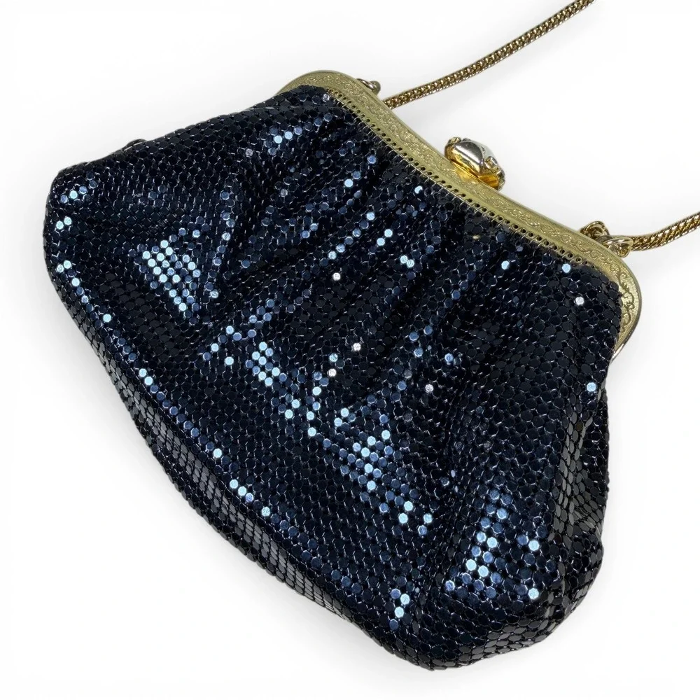 Whiting and Davis Vintage Bag Black Metal Mesh Rhinestone Gold Frame Pearl Clasp